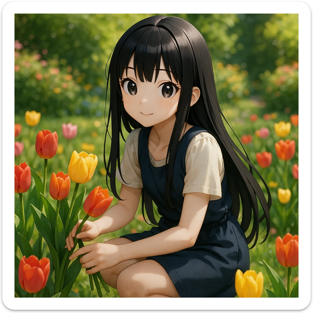 3D anime style girl with long black hair and thin bangs, picking a bouquet of tulips in a garden sticker