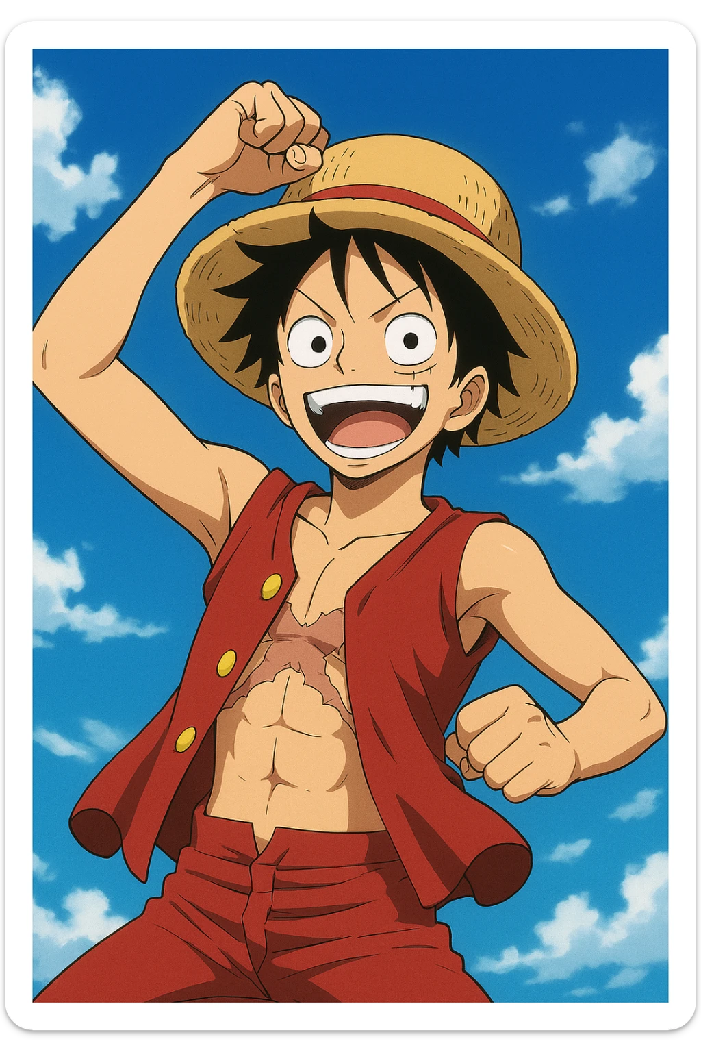 Luffy from One Piece, energetic pose, anime style, wearing his signature straw hat and red vest, smiling, with a blue sky background sticker