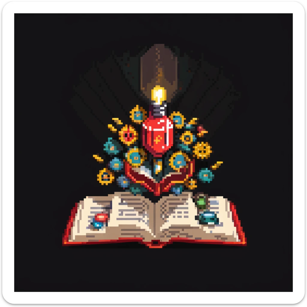 pixel art style, a red book opened with ideas (lightbulbs, gears) and money (coins, bills) coming out, under a spotlight sticker