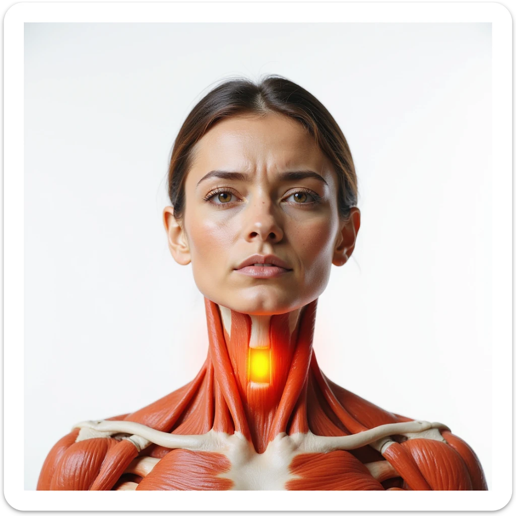 realistic anatomical front view of a woman with highlighted neck muscles, cervical contractures, expression of pain, light background sticker