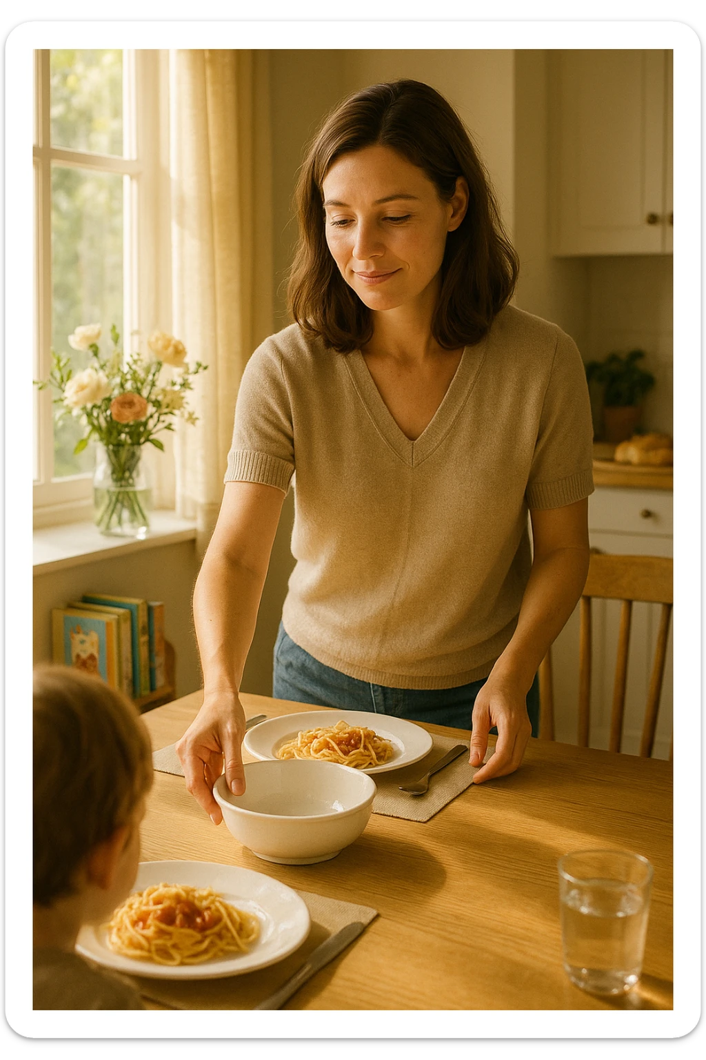 "Donna tra i 30 e i 40 anni, all’interno della sua casa luminosa, mentre prepara la tavola o accudisce i figli con un’espressione dolce e serena. Indossa abiti semplici e curati, simbolo di cura e presenza. Sullo sfondo si vedono dettagli di una casa armoniosa: fiori freschi, libri per bambini, un pranzo in preparazione. La scena trasmette calore, dedizione e stabilità familiare. Elementi visivi di supporto: luce solare che entra dalla finestra, atmosfera calda e rassicurante. Stile realistico con toni caldi e tenui sticker
