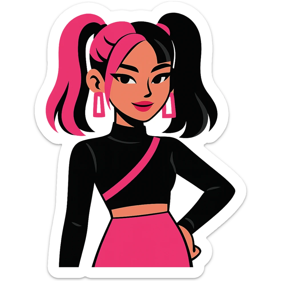 Blackpink-inspired K-pop avatar, pink and black color scheme, trendy hairstyle, confident expression, modern pop style sticker