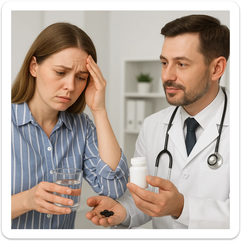 A realistic or illustrative style image of a doctor in a white coat prescribing medicine to a woman showing symptoms. The woman holds a glass of water and pills, with a worried expression. The background is clinical, inspired by the reference image. sticker
