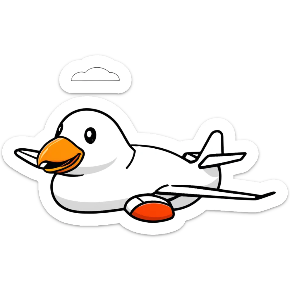 A jet airplane with a goose head on the front of it, replacing the nose cone sticker