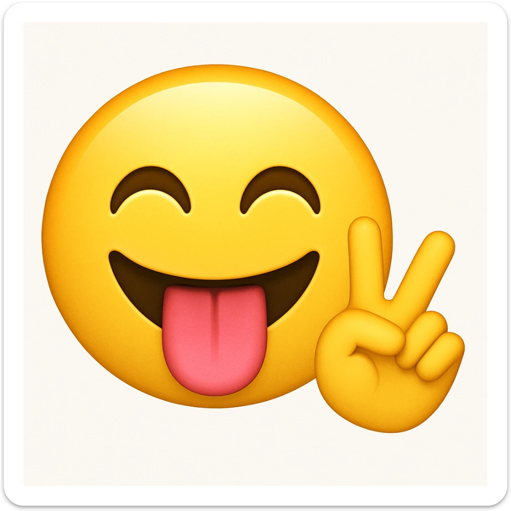 Yellow face iPhone emoji, tongue sticking out, putting up a peace sign sticker