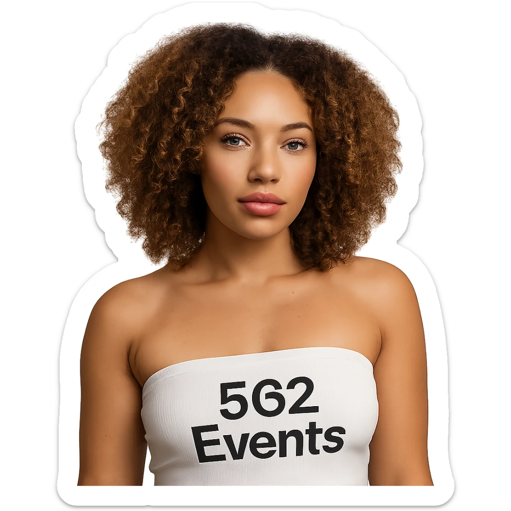 realistic mixed Caucasian and African American Red Bone woman, wearing a white tube top with the text '562 Events' written on the tube top sticker