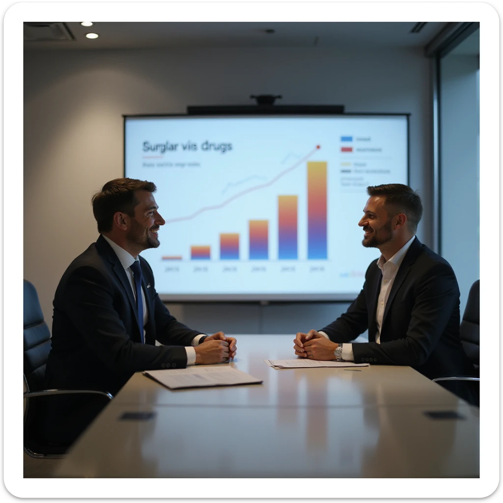 symbolic scene in a modern office of a pharmaceutical company: elegant executives smiling in front of charts showing the increase in sales of sugar and drugs, atmosphere of strategy and profit, realistic details, 4K quality sticker