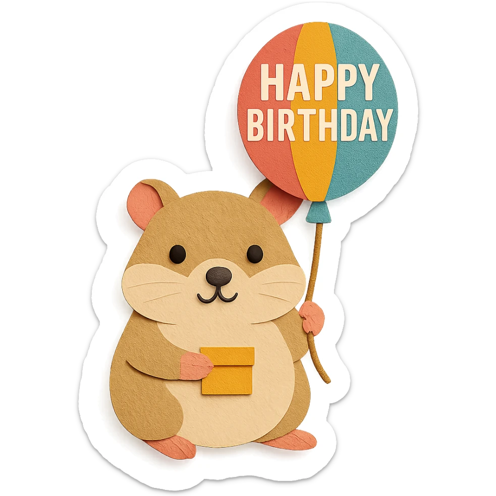 hamster holding a colorful balloon with 'Happy Birthday' text, paper-craft style sticker
