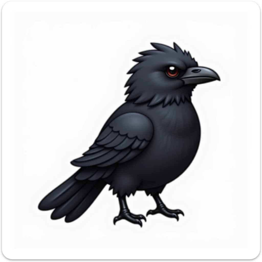 full body black raven bird emoji, facing right, simple detail, realistic style sticker