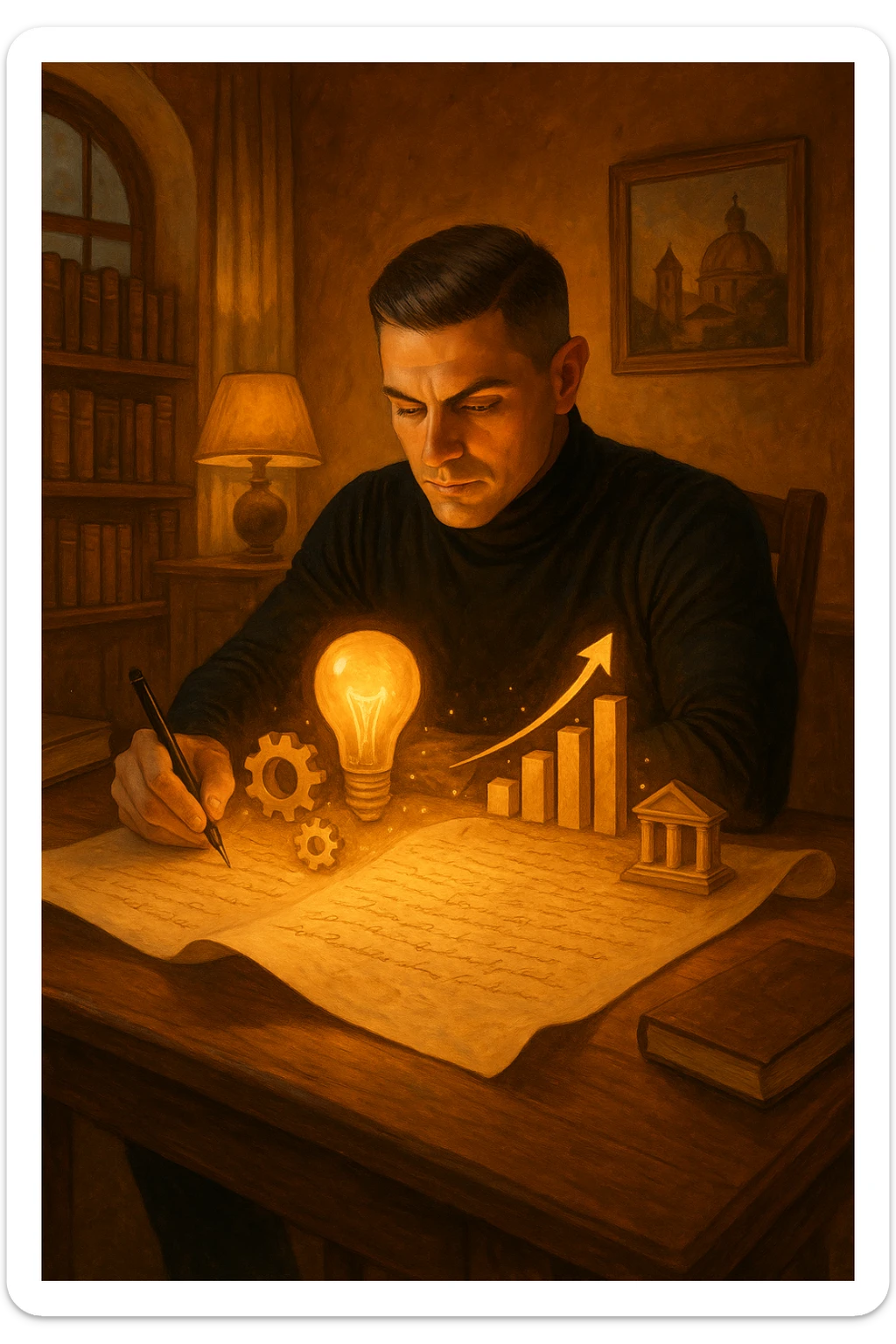 Un uomo concentrato, seduto alla sua scrivania in una stanza con luce calda, sta scrivendo su un enorme foglio di carta che si espande magicamente davanti a lui. Mentre scrive, le parole si trasformano in elementi visivi tridimensionali che rappresentano le soluzioni ai suoi problemi in italiano sticker