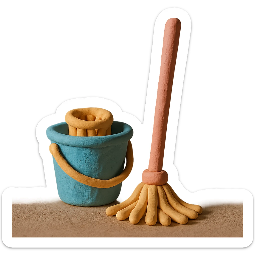 bucket and mop in claymation style, pastel colors, visible fingerprints, soft matte finish sticker