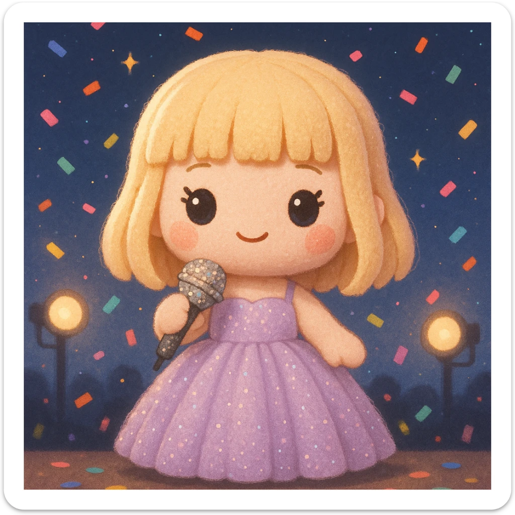 Pretty and girly Blonde pop star with bangs wearing a sparkly tulle light purple ballgown, holding a bedazzled microphone, reimagined as a soft kawaii plushie doll, with a nighttime concert backdrop with colorful confetti sticker