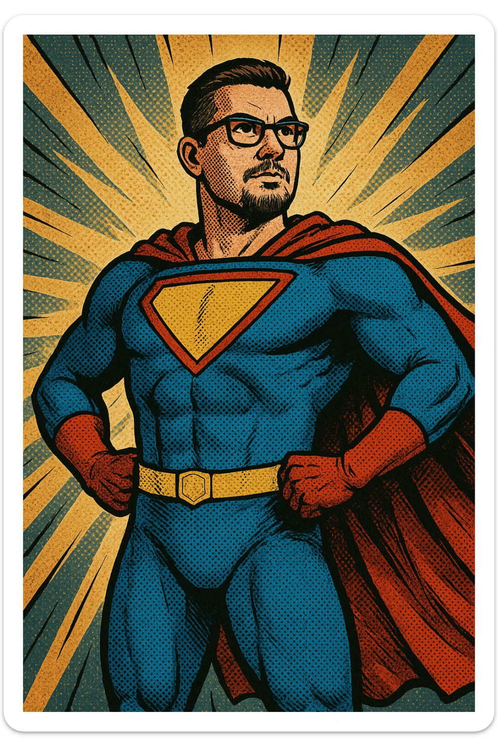 man with short hair, goatee, and glasses as a superhero, hands on hips, colorful suit, mask, heroic stance, classic comic book style sticker