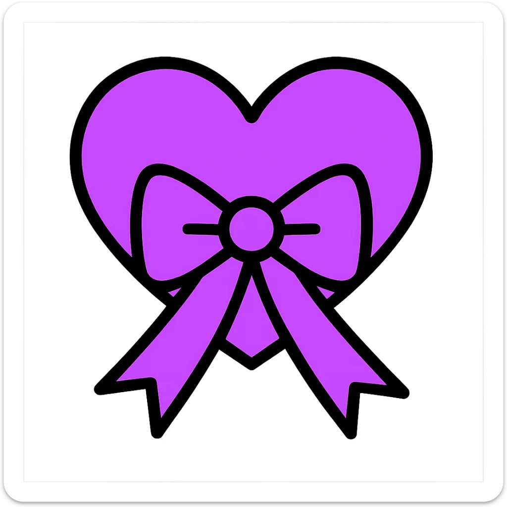 Add a bow to the ribbon on the purple heart, keep the color outline icon style, with no background. sticker