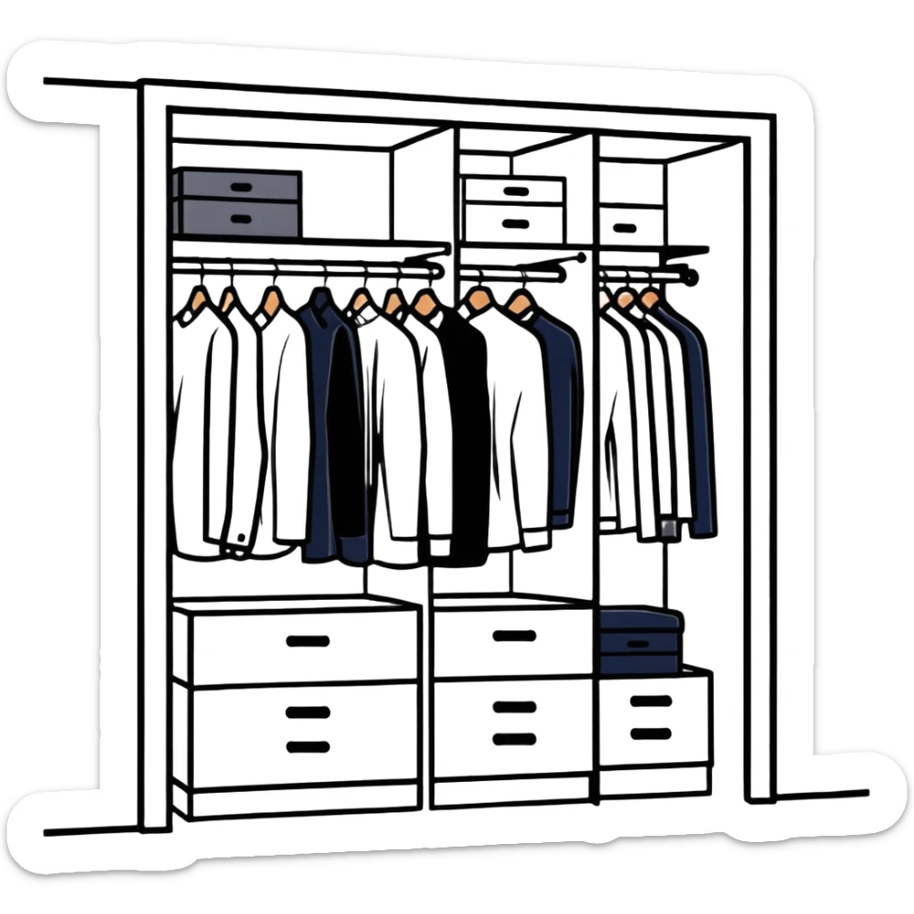 Modern closet with door ajar showing organized professional clothing, work wardrobe storage sticker