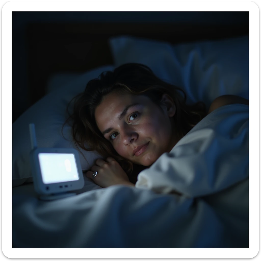hyperrealistic 4K image of new mother at night, illuminated by baby monitor glow, dark circles under eyes, surrounded by safety devices, anxious and exhausted, safe nursery sticker