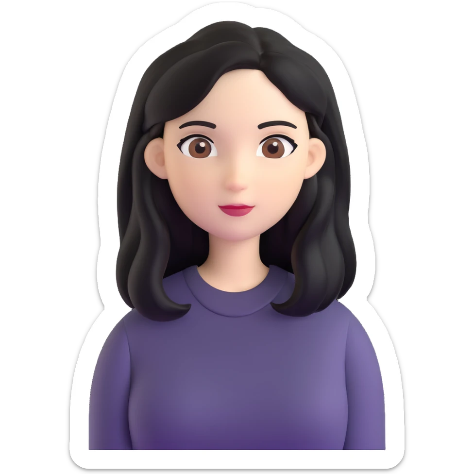 white woman with rounded brown eyes, long black hair, black blouse, soft background sticker