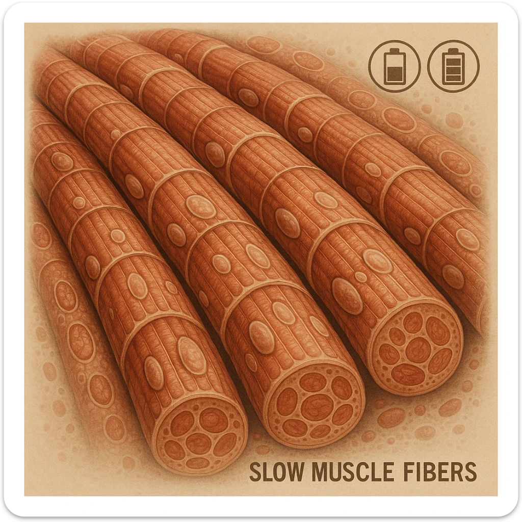 hyper realistic illustration of slow muscle fibers with dense and minimally expanded structure, saturation icons like full tanks, scientific atmosphere, cellular details, neutral background sticker