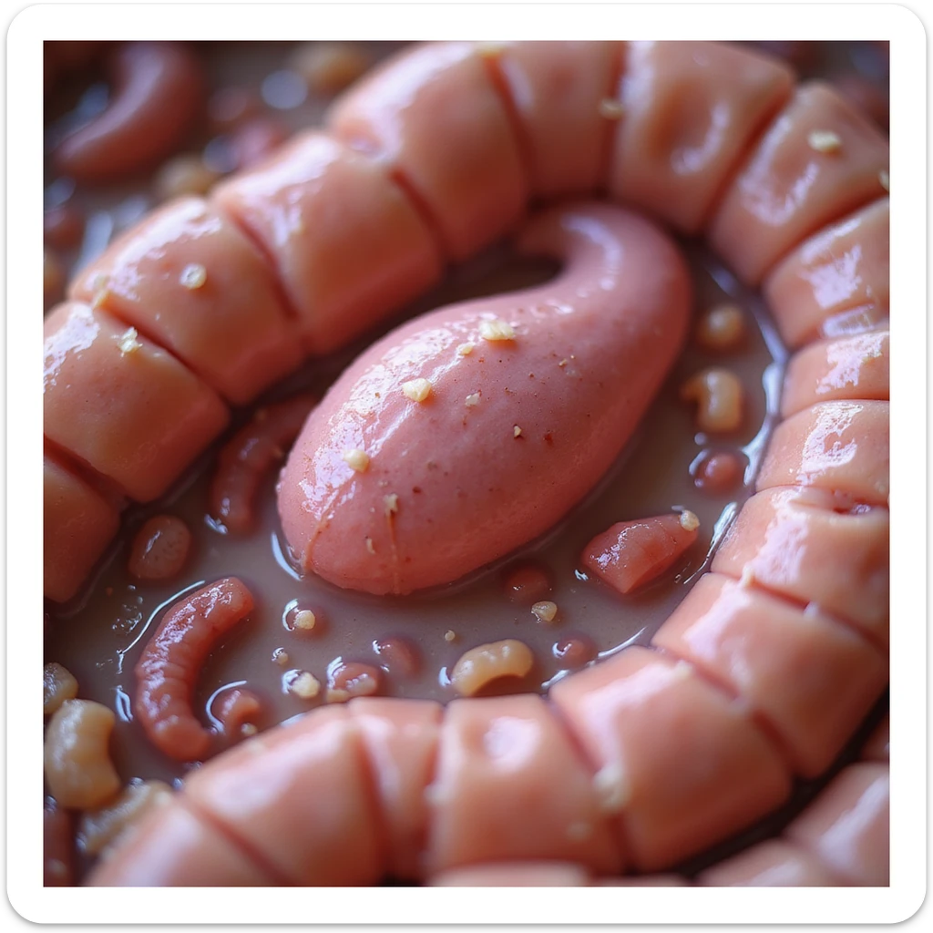 close-up of intestinal mucosa with parasites like Giardia lamblia (drop shape), microscopic details, hyperrealism, 4K sticker