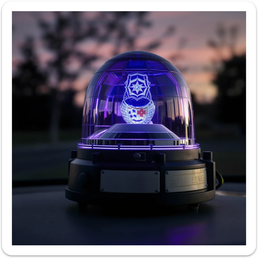 a realistic police beacon light, rotating, violet blue, showing glass and metal details sticker