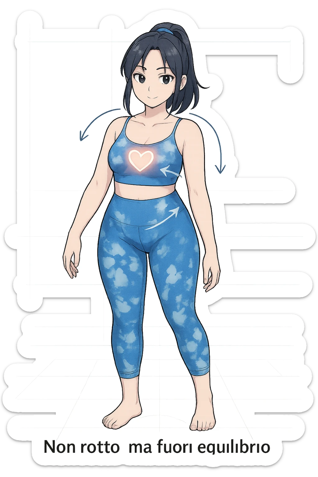 stile manga a woman stands in a relaxed pose, with a gentle, confident expression. Her body is shown with subtle, curved lines or arrows indicating areas of imbalance (such as a slight tilt in the shoulders or hips), but no signs of injury or damage. A soft glow or heart symbol at her core emphasizes resilience and the message “Non rotto, ma fuori equilibrio” The background is clean and clinical, with light blue tones. sticker