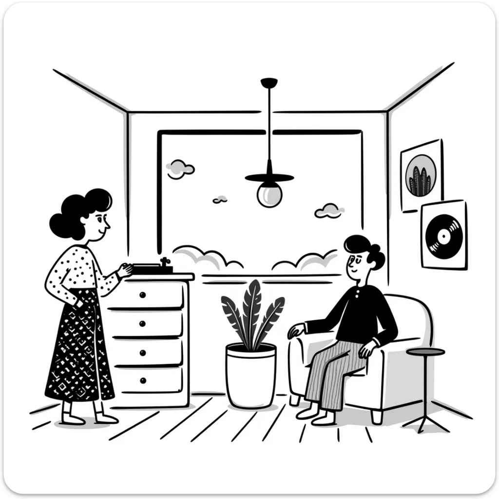 A mid-century modern living room with two people working on laptops — a woman standing at a dresser and a man sitting on a couch. The room has visible floor and two walls forming a corner, large window, modern pendant lamp, turntable, vinyl record stand, retro posters on the wall sticker