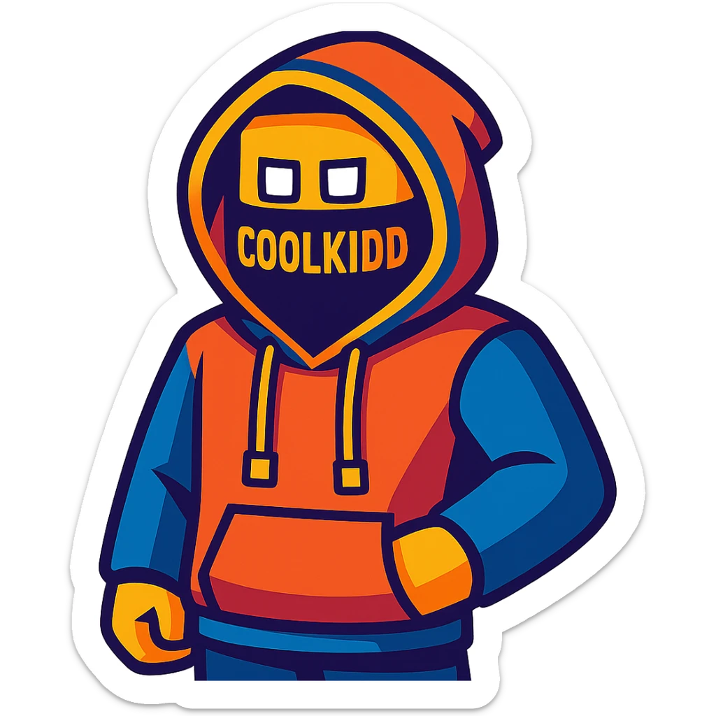 C00lkidd, Roblox hacker, wearing a hoodie and mask, vibrant toon style sticker