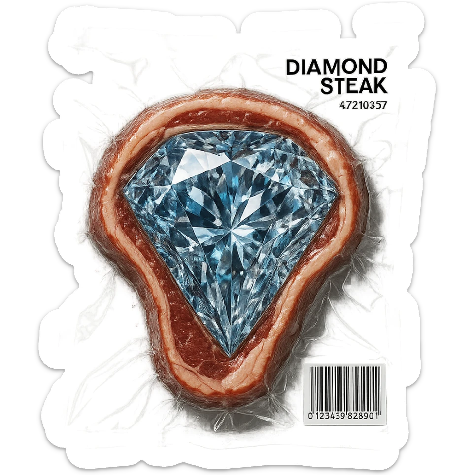 meat steak made of diamond, glossy and puffy, vacuum-sealed style sticker