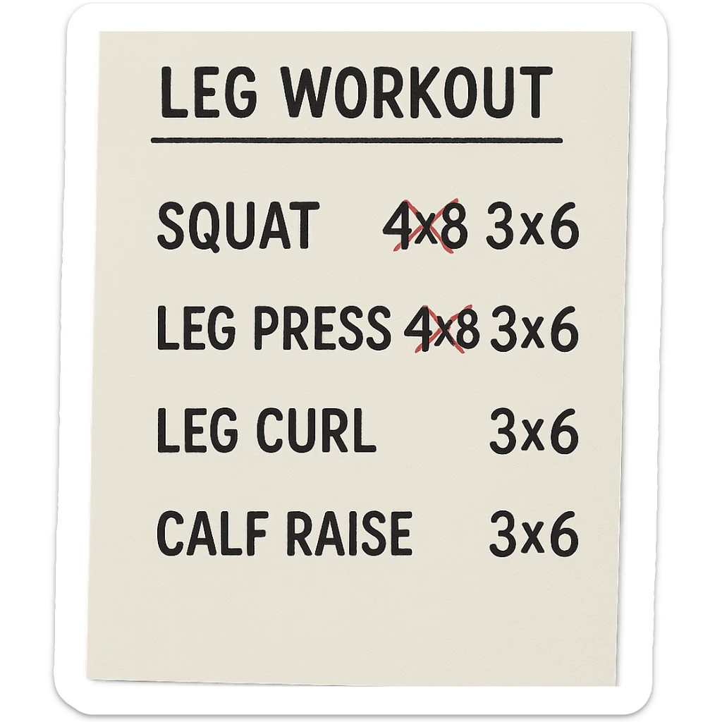 foglio di carta con scheda di allenamento gambe con volume di allenamento ridotto (fai alcuni esercizi con 4x8 scritti in precedenza sbarrati in rosso e la correzione accanto tipo 3x6), scrivila al meglio che puoi sticker