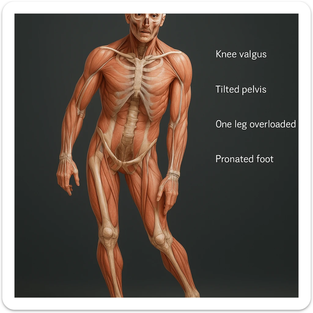 Hyperrealistic 4K anatomical view of a man in a similar position to the reference image. Highlight knee valgus, tilted pelvis, one leg overloaded, and pronated foot. Show bones, joints, and muscles in transparency with realistic anatomical details and a medical atmosphere. Variant 1. sticker
