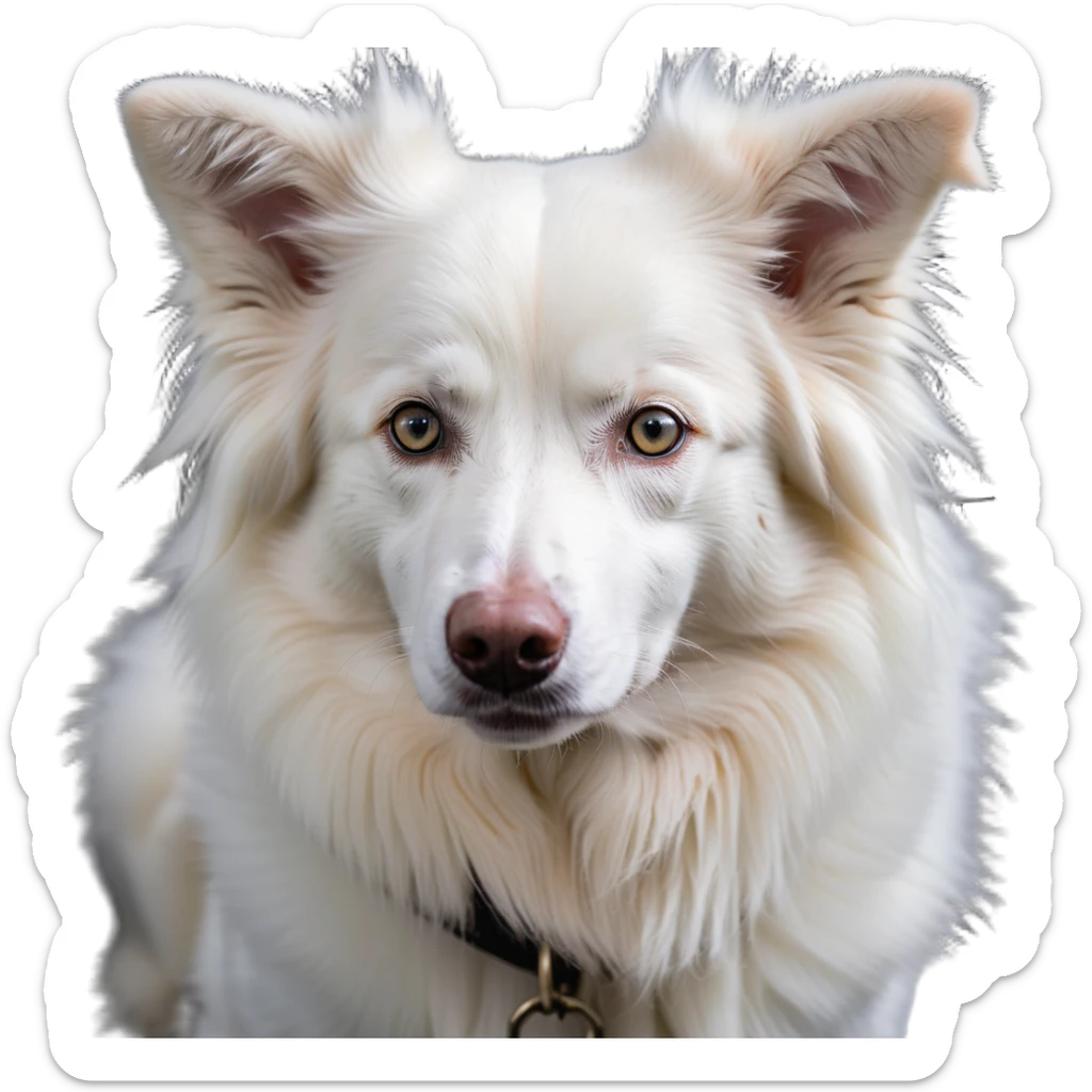 A pure white Border Collie dog sitting, with fluffy fur, alert pointed ears, and friendly expression sticker