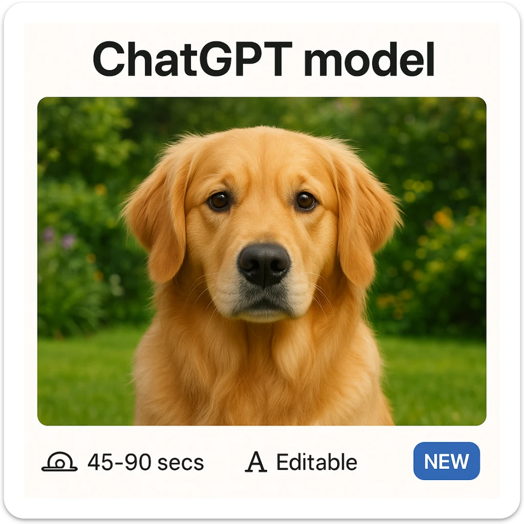 Move the 'ChatGPT model' title to the top and the other tags ('Speed icon: slow 45-90 secs', 'Editable', 'Text generation', 'New') to the bottom. Use a golden retriever in a garden as the image background, seamless website style. sticker