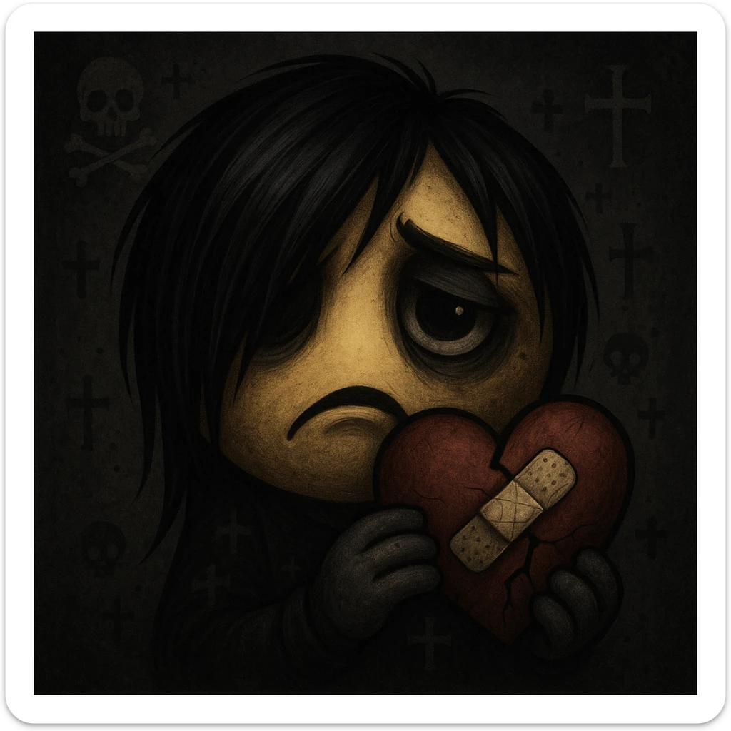 emo emoji, bandaged heart, dark colors, subtle skull or cross motif, emotional expression sticker