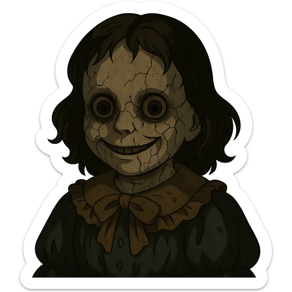 creepy doll with cracked porcelain face, unsettling smile, dim lighting, horror vibe sticker