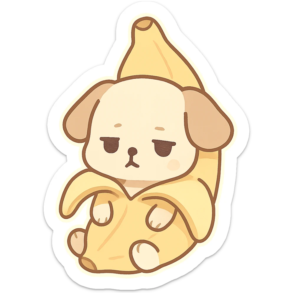 A cute puppy dressed as a banana with a dull expression sticker