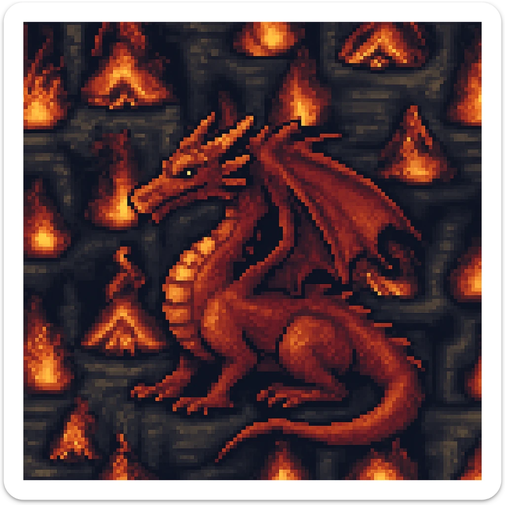 Add a pixel art style dragon to the scene, keep all original colours and lighting sticker