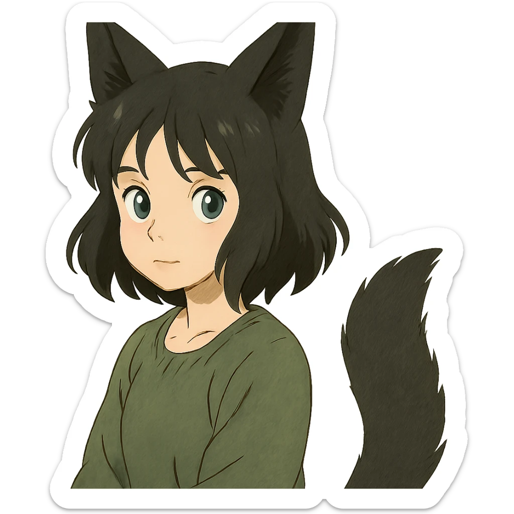 a girl with black fox ears and a tail, green eyes, dark hair sticker