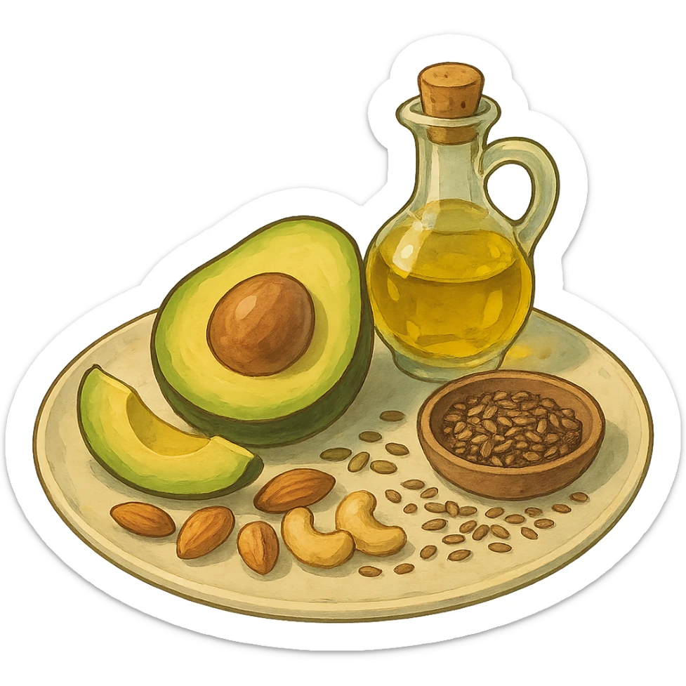 plate with avocado, nuts, olive oil, and seeds in ghibli style sticker