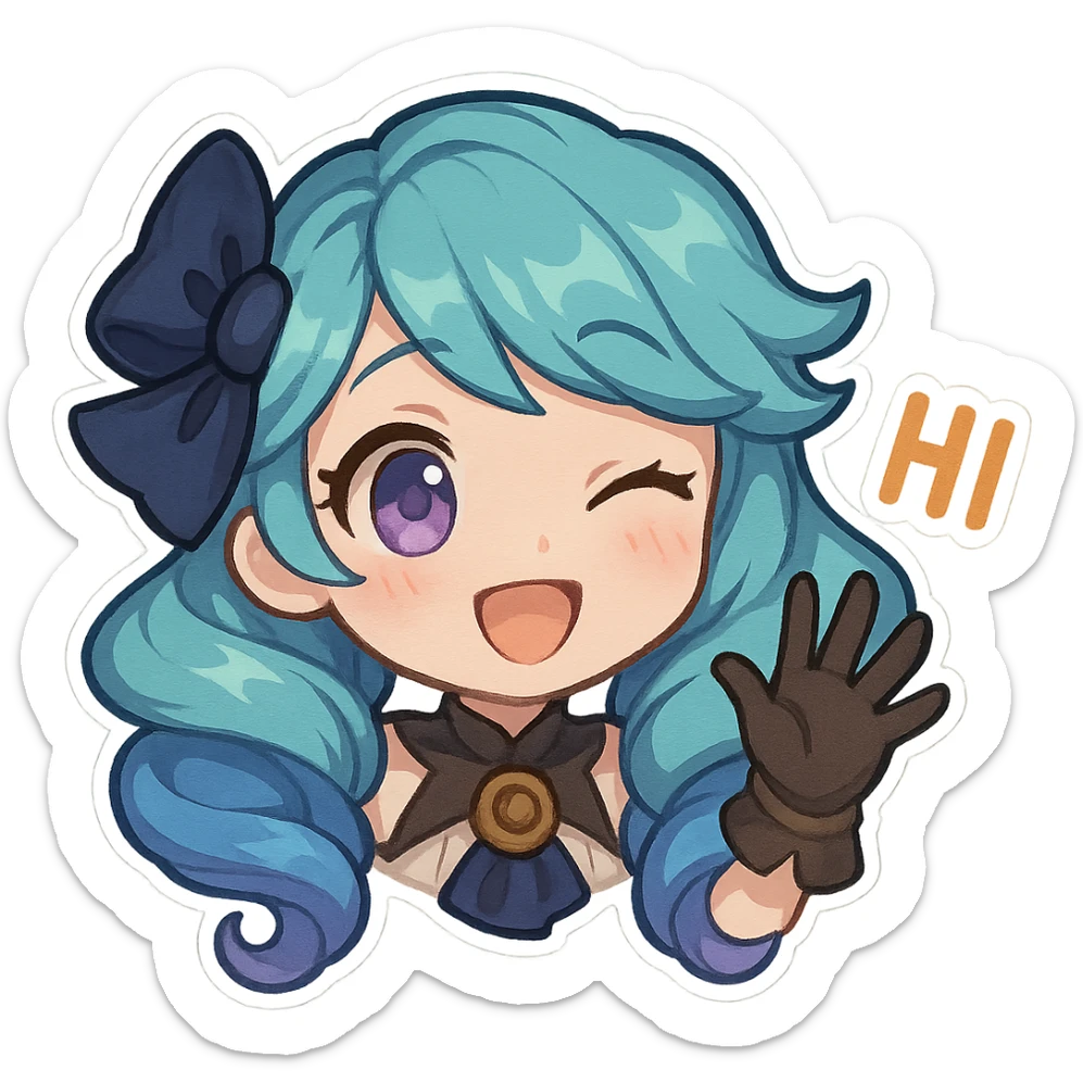 Gwen from League of Legends, chibi style, only head, right eye purple, one hand waving with glove, hi emote, cheerful and welcoming, no text sticker