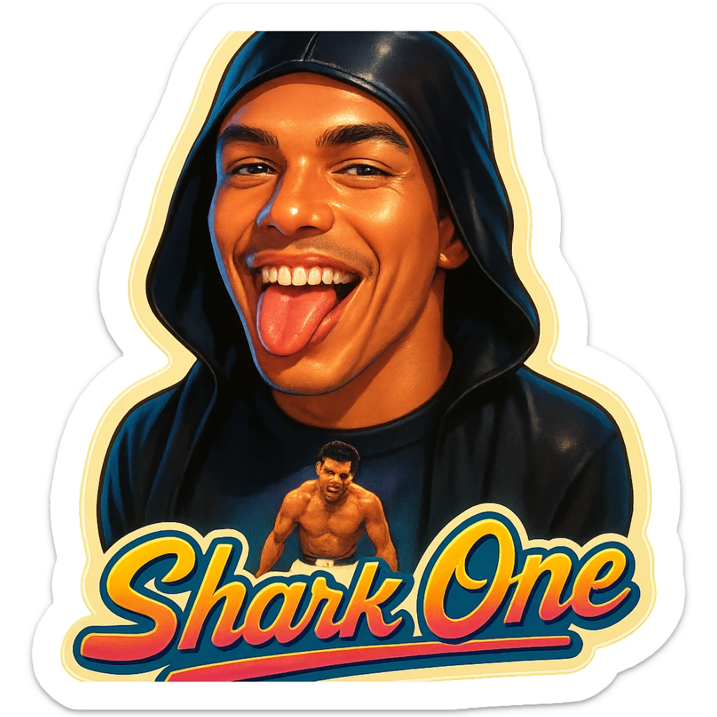 Make him Smiling with tongue sticking out
Add the words Shark One sticker