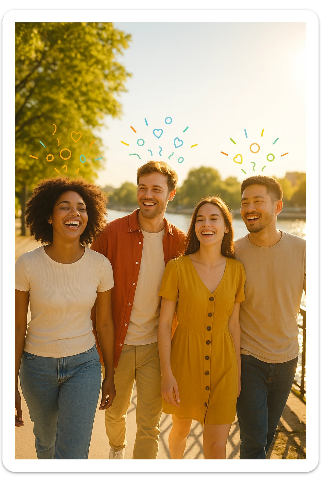 a group of friends strolls along a riverside promenade on a bright, sunny day. Their expressions are joyful and relaxed, and the sunlight creates a warm, golden glow. Above them, faint, colorful lines or icons represent the release of beneficial dopamine. The background is vibrant and full of life. sticker
