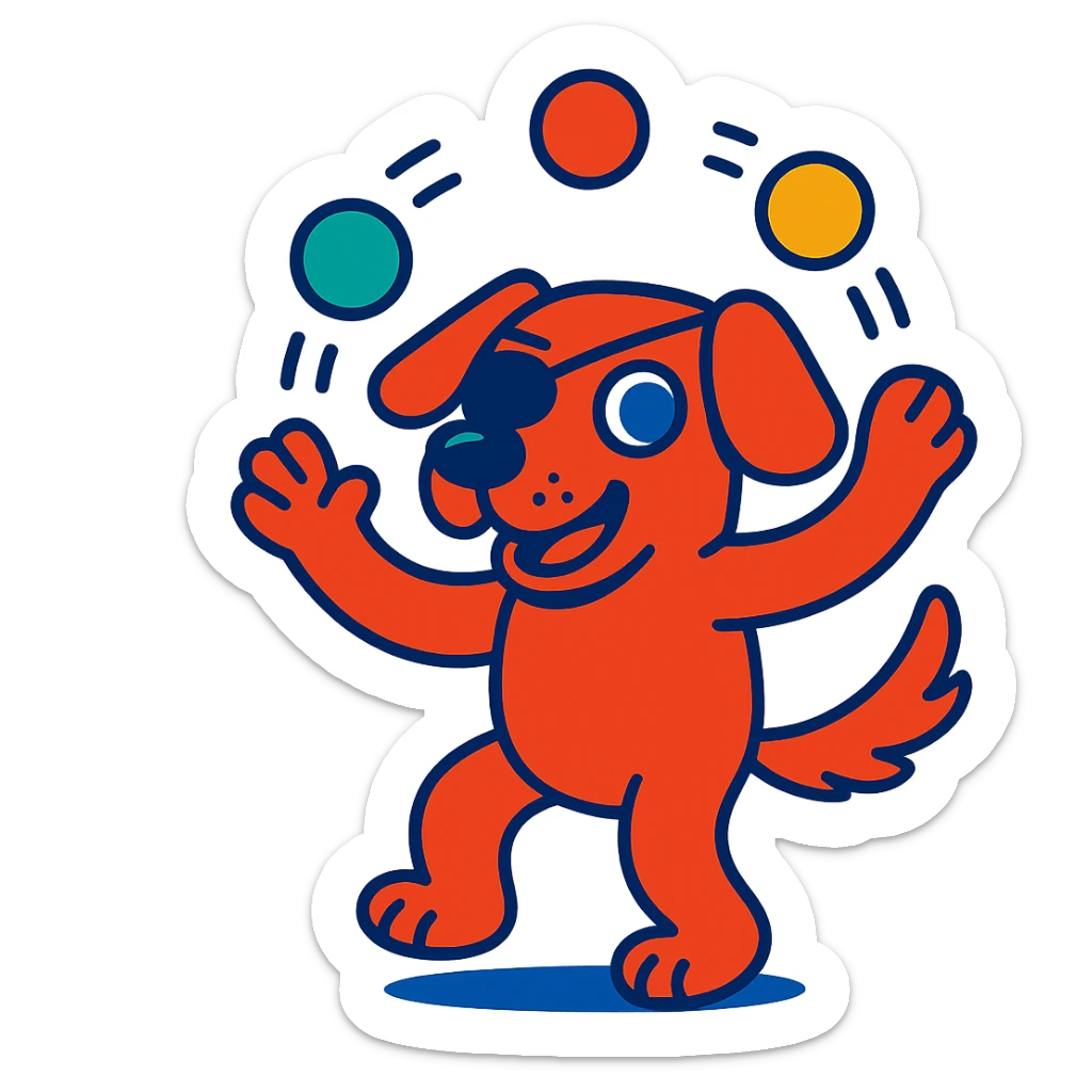 dog with red fur, blue eyes, and an eye patch, juggling balls, whimsical style, vibrant cartoon style sticker