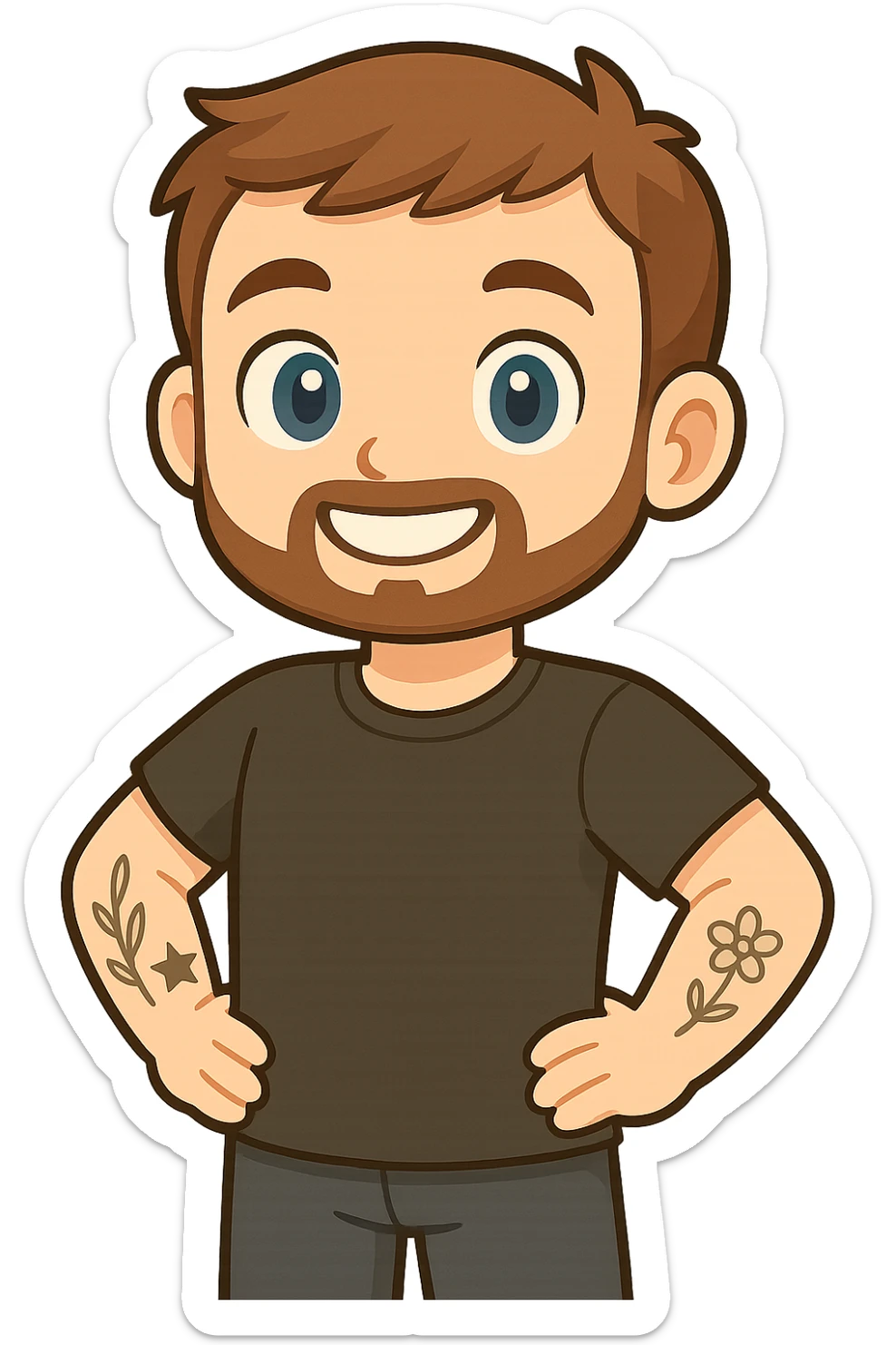 Create a chibi/cartoon-style male character with short brown hair, neatly trimmed short beard, large blue eyes, and a smile. Keep the same facial features and expression as the reference. The character has visible tattoos (leaf, star, flower) on his left arm, wears a simple black t-shirt, and stands proudly with both arms on his hips. Use smooth shading and clean lines. Front-facing angle with transparent background. sticker
