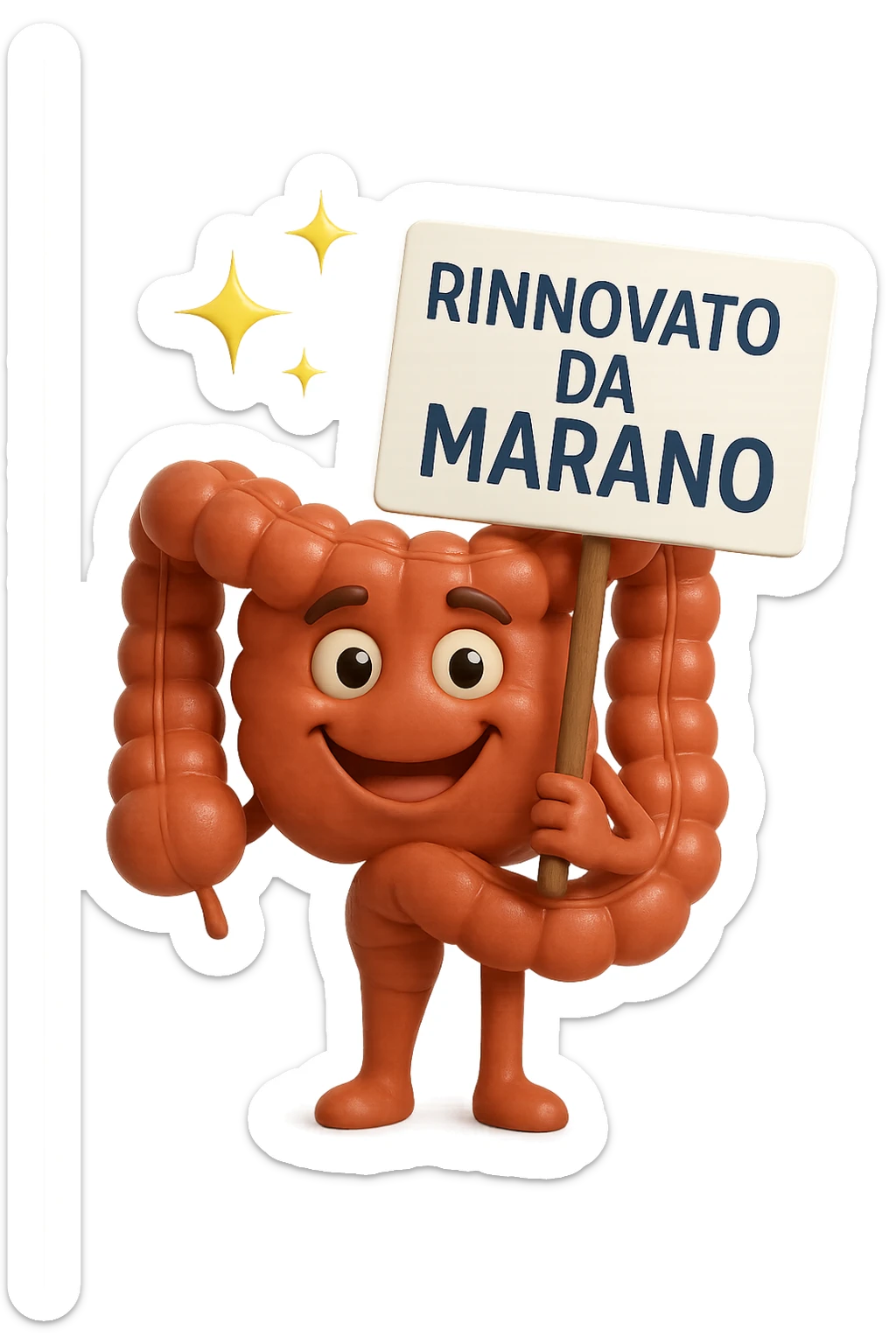 fammi un intestino identico a questo, ma felice e con le scintille di splendore dorate sopra, si sta rinnovando come se fosse in ottima salute, in mano ha un cartello con la scritta "RINNOVATO DA MARANO" sticker