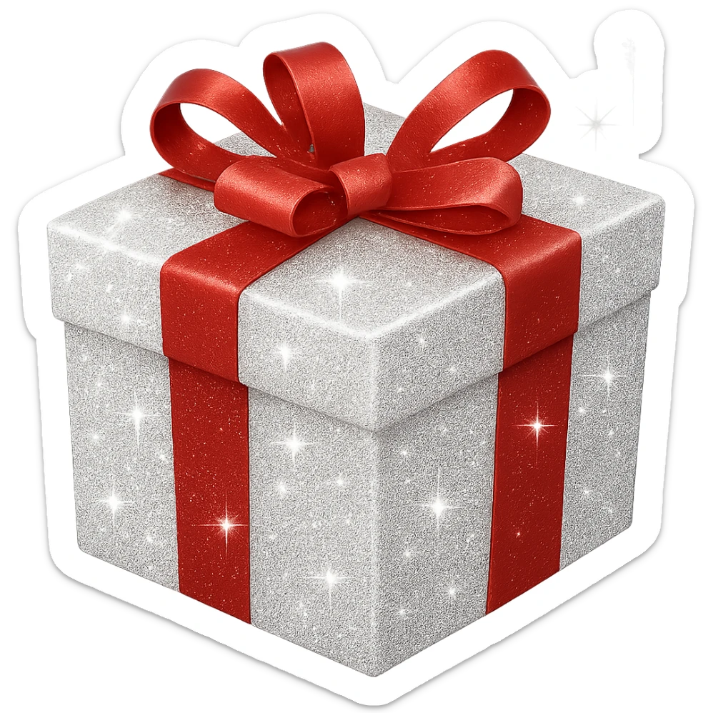 Add sparkles to the white gift box with ribbon. Keep the background transparent. The style is a white gift box with a ribbon and a transparent background. sticker