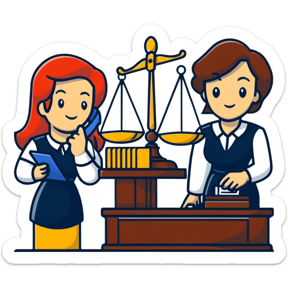 female notary with justice scale and stamp, phoning with another woman sticker