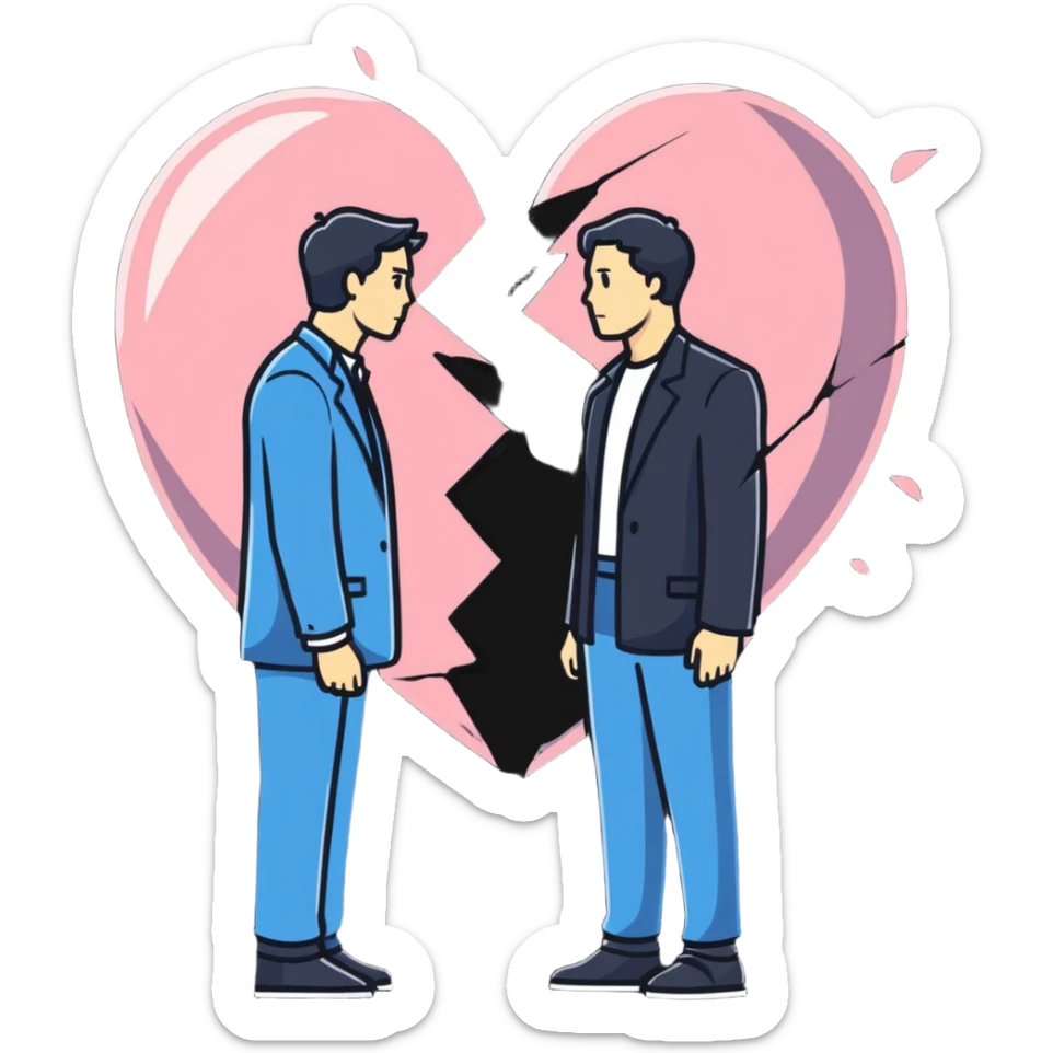 two men gay couple breaking up with a large shattered heart between them sticker