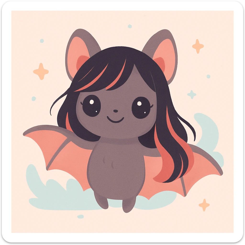 adorable female bat with long black and red hair, big eyes, whimsical style sticker