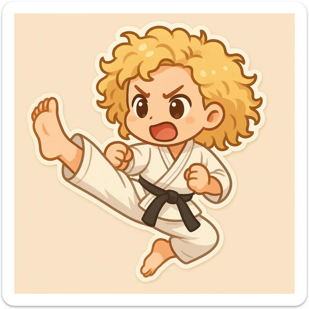 Full length shot of a blonde curly haired woman doing a karate kick, cartoon emoji style with a simple background, in chibi stickers style. sticker