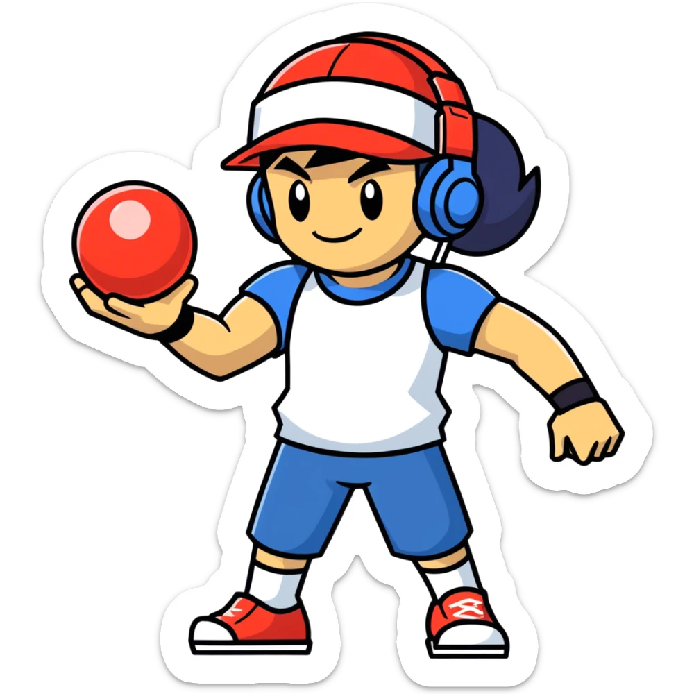 Hot handsomeb muscular 6ft tall smiling happy clean shaven Ash Ketchum being a  dj and his music rocks while holding his pokemon ball sticker